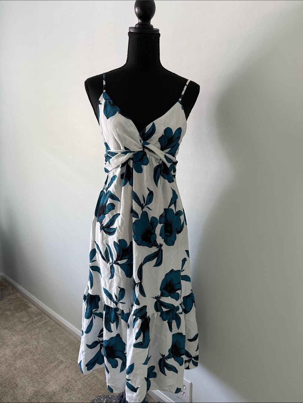 Banana Republic White Maxi Dress with Teal Floral Print